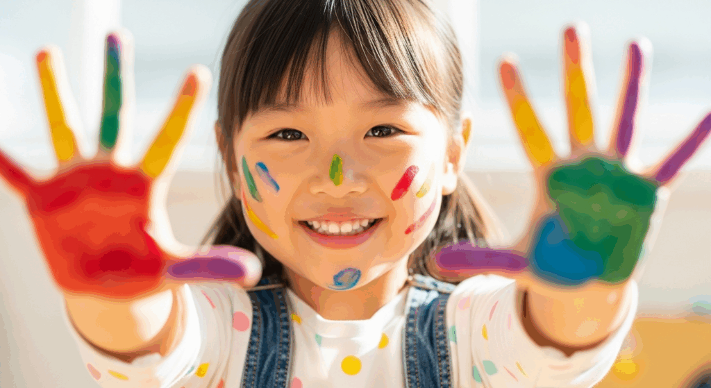 放課後等デイサービス「あおい放課後スクール」の児童が、絵の具で手をカラフルに染めながら笑顔で正面を向いている様子。自由に表現する楽しさを感じる創作活動のひとコマです。