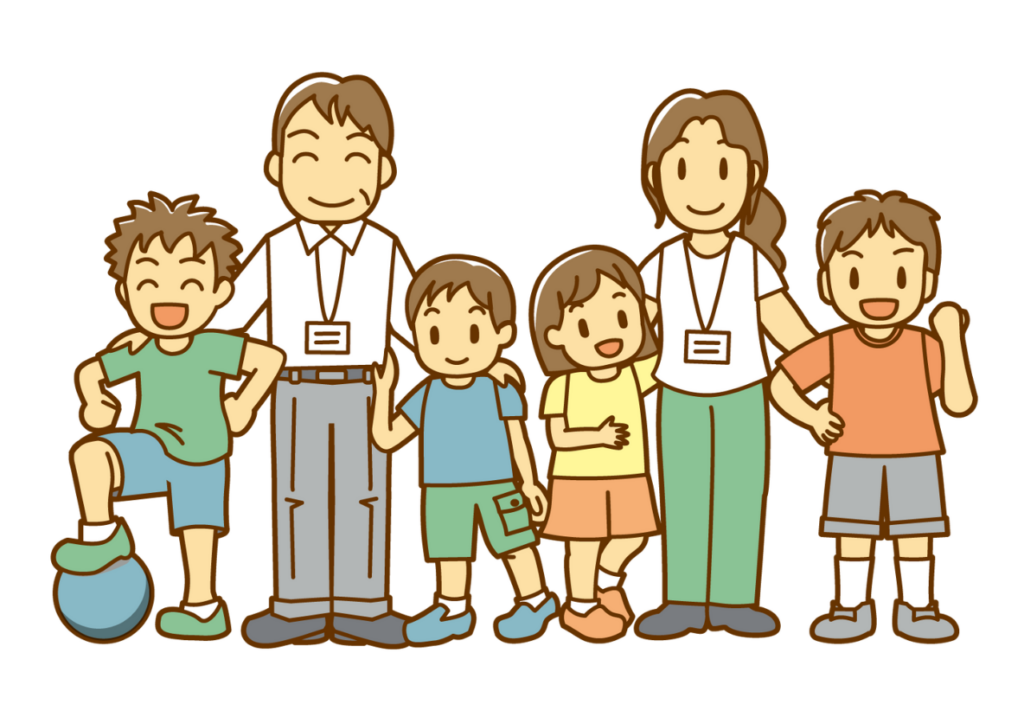 放課後等デイサービス「あおい放課後スクール」で、職員と児童が肩を組んで笑っているイラスト。信頼関係と安心感のある雰囲気を表しています。